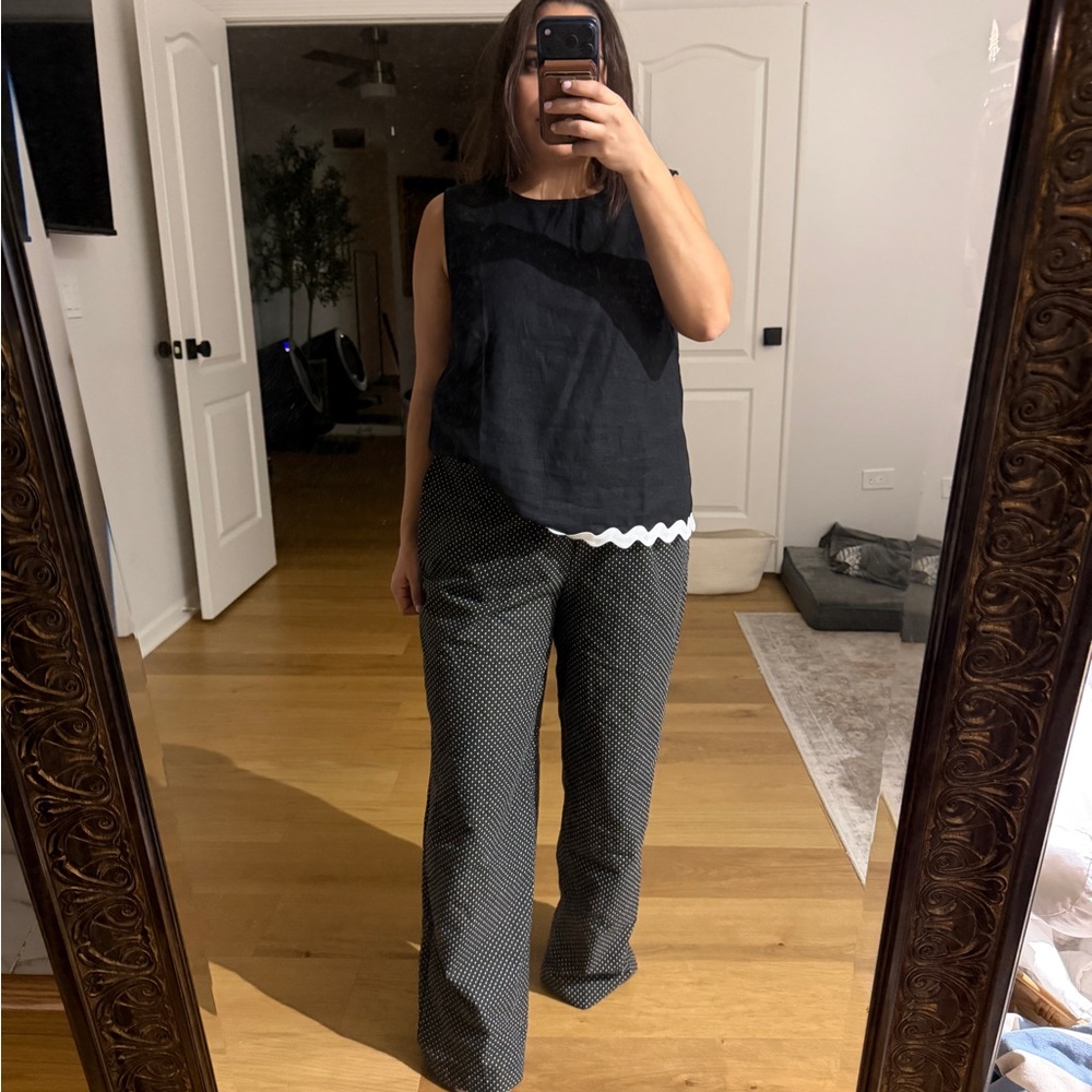 Wide-Leg 100% Cotton Black Polka Dot Women’s Pants Large Pull on Elastic Waist